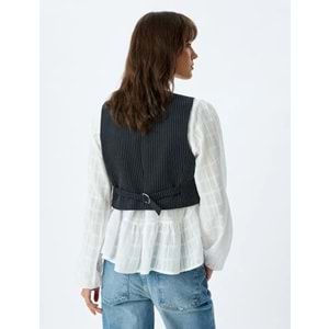 Yelek V Yaka Düğmeli Cepli Regular Fit - KOTON - 5WAK20241EW - LACİVERT ÇİZGİLİ - 40