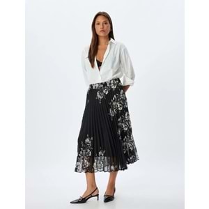 Çiçekli Pileli Etek Midi Boy Standart Bel Astarlı - KOTON - 5WAK70069UW - Siyah Desenli - 34