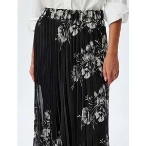 Çiçekli Pileli Etek Midi Boy Standart Bel Astarlı - KOTON - 5WAK70069UW - Siyah Desenli - 34
