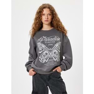 Oversize Sweatshirt Kelebek Baskılı - KOTON - 5WAL10164IK - ANTRASİT - M