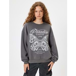 Oversize Sweatshirt Kelebek Baskılı - KOTON - 5WAL10164IK - ANTRASİT - M