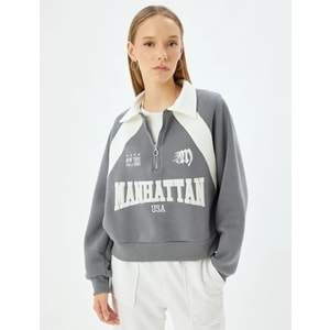 Yarım Fermuarlı Sweatshirt Kolej İşlemeli