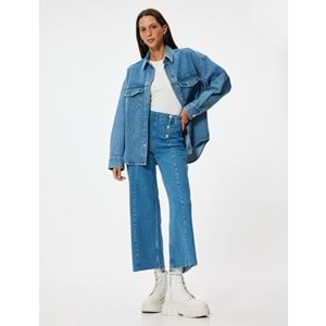 Kadın Giyim Yüksek Bel Kot Pantolon Düğme Detaylı Culotte Jeans 5WAL40025MD - KOTON - 5WAL40025MD - KOYU İNDİGO - 31/32