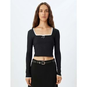 Kadın Giyim Crop Tişört Uzun Kollu Fiyonklu Slim Fit Kare Yaka 5WAL10519IK - KOTON - 5WAL10519IK - SİYAH - L