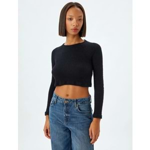 Kadın Giyim Uzun Kollu Body Crop Kayık Yaka Yumuşak Dokulu 5WAL10732IK - KOTON - 5WAL10732IK - SİYAH - S