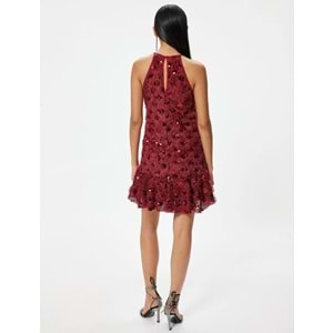 Kadın Giyim Payetli Mini Abiye Elbise Halter Yaka Kolsuz Volanlı - KOTON - 5WAK80003FK - BORDO - L