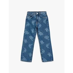 Kız Çocuk Kot Pantolon Çiçek Baskılı Cep Detaylı Pamuklu - KOTON - 5WKG40097AD - ORTA İNDİGO - 13-14 YAŞ