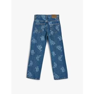 Kız Çocuk Kot Pantolon Çiçek Baskılı Cep Detaylı Pamuklu - KOTON - 5WKG40097AD - ORTA İNDİGO - 13-14 YAŞ