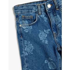 Kız Çocuk Kot Pantolon Çiçek Baskılı Cep Detaylı Pamuklu - KOTON - 5WKG40097AD - ORTA İNDİGO - 13-14 YAŞ