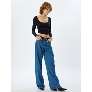 Geniş Paça Kot Pantolon Standart Bel Taşlı 5WAL40155MD - KOTON - ORTA İNDİGO - 29/32