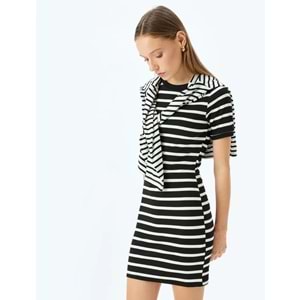 Bisiklet Yaka Kısa Kollu Fitilli Mini Bodycon Elbise 5SAL80042IK