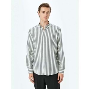 Çizgili Uzun Kollu Düğmeli Yaka Slim Fit Gömlek 5SAM60023HW - KOTON - KAHVERENGİ - M