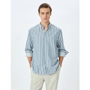 Çizgili Uzun Kollu Düğmeli Yaka Slim Fit Gömlek 5SAM60023HW - KOTON - LACİVERT - M