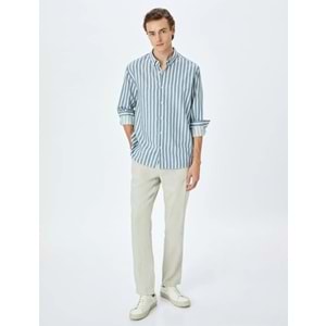 Çizgili Uzun Kollu Düğmeli Yaka Slim Fit Gömlek 5SAM60023HW - KOTON - LACİVERT - M