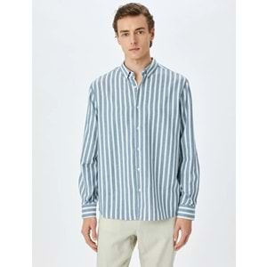 Çizgili Uzun Kollu Düğmeli Yaka Slim Fit Gömlek 5SAM60023HW - KOTON - LACİVERT - M