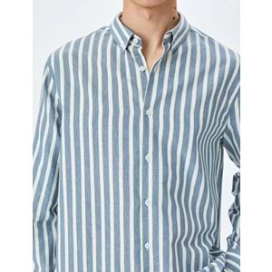 Çizgili Uzun Kollu Düğmeli Yaka Slim Fit Gömlek 5SAM60023HW - KOTON - LACİVERT - M