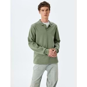 Pamuklu İnterlok Kumaş Polo Yaka Sweatshirt 5SAM70003MK - KOTON - HAKİ - S