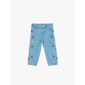 Kız Bebek Nakış Detaylı Pamuklu Denim Pantolon 5SMG40007AD - KOTON - AÇIK İNDİGO - 12-18 AY