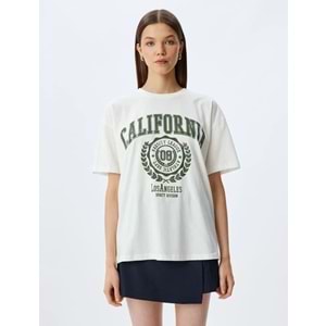 Oversize Kolej Baskılı Bisiklet Yaka Kısa Kollu Pamuklu Tişört 5SAL10059IK