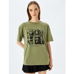 Slogan Baskılı Kısa Kollu Bisiklet Yaka Oversize Tişört 5SAL10089IK