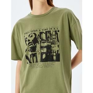 Slogan Baskılı Kısa Kollu Bisiklet Yaka Oversize Tişört 5SAL10089IK