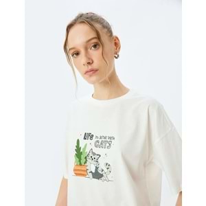 Kedi Baskılı Sloganlı Bisiklet Yaka Kısa Kollu Tişört 5SAL10222IK