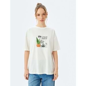 Kedi Baskılı Sloganlı Bisiklet Yaka Kısa Kollu Tişört 5SAL10222IK