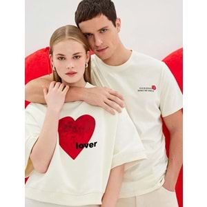 Kısa Kollu Bisiklet Yaka Kalpli Oversize Sweatshirt 5SAK10310EK - KOTON - EKRU - XL