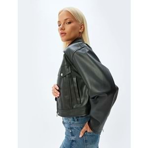 Suni Deri Ceket Fermuarlı Cepli 5SAK20007EW - KOTON - SİYAH - 42