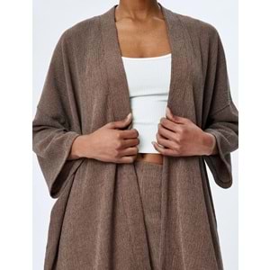 Kadın Giyim Viskon Karışımlı Rahat Kalıp Geniş Uzun Kollu Kimono 5SAK30054EK - KOTON - KAHVERENGİ - S