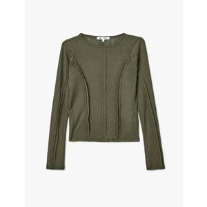 Nervür Detaylı Kayık Yaka Uzun Kollu Slim Fit Tişört 5SAL10392IK - KOTON - HAKİ - S