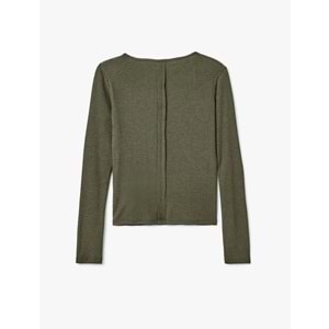 Nervür Detaylı Kayık Yaka Uzun Kollu Slim Fit Tişört 5SAL10392IK - KOTON - HAKİ - S