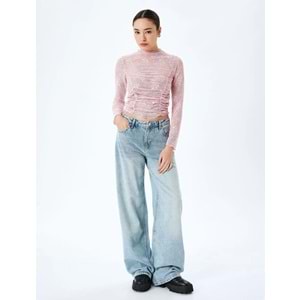 Drapeli Slim Fit Uzun Kollu Dantelli Tişört 5SAL10442IK - KOTON - PEMBE - XS