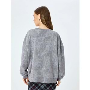 Soyut Baskılı Oversize Yıkamalı Bisiklet Yaka Sweatshirt 5SAL10533IK - KOTON - GRİ DESENLİ - S