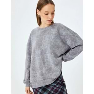 Soyut Baskılı Oversize Yıkamalı Bisiklet Yaka Sweatshirt 5SAL10533IK - KOTON - GRİ DESENLİ - S