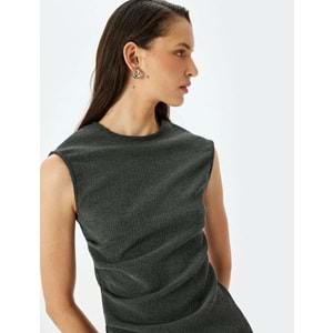 Yuvarlak Yaka Drape Detaylı Asimetrik Kolsuz Tişört 5SAK50005EK - KOTON - ANTRASİT - M