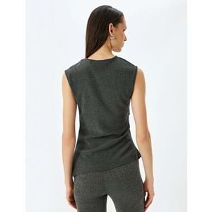 Yuvarlak Yaka Drape Detaylı Asimetrik Kolsuz Tişört 5SAK50005EK - KOTON - ANTRASİT - M