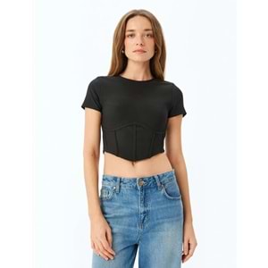 Korse Detaylı Crop Fitilli Tişört 5SAK50006EK - KOTON - SİYAH - M