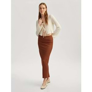 Yüksek Bel Yırtmaç Detaylı Astarlı Midi Kalem Etek 5SAL70006IK - KOTON - KAHVERENGİ - M