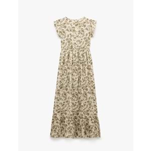 Kelebek Kol V Yaka Çiçekli Gipeli Volanlı Uzun Elbise 5SAL80043IK - KOTON - HAKİ DESENLİ - L