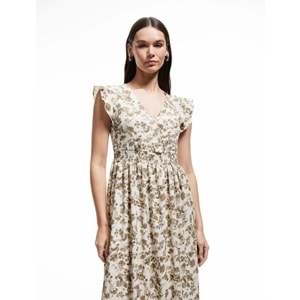 Kelebek Kol V Yaka Çiçekli Gipeli Volanlı Uzun Elbise 5SAL80043IK - KOTON - HAKİ DESENLİ - L