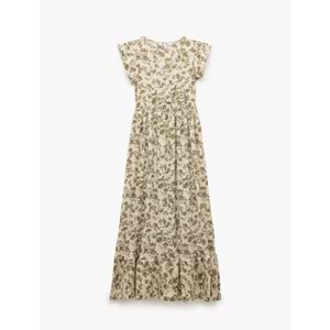 Kelebek Kol V Yaka Çiçekli Gipeli Volanlı Uzun Elbise 5SAL80043IK - KOTON - HAKİ DESENLİ - L