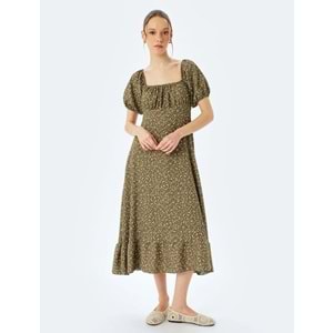 Volanlı Balon Kol Kare Yaka Çiçekli Midi Elbise 5SAL80071IK - KOTON - HAKİ DESENLİ - S