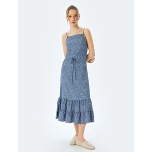 İp Askılı Çiçek Desenli Volanlı Beli Bağcıklı Midi Elbise 5SAL80072IK