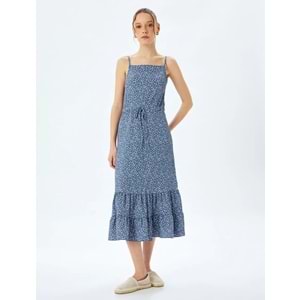 İp Askılı Çiçek Desenli Volanlı Beli Bağcıklı Midi Elbise 5SAL80072IK