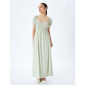 Balon Kol Kare Yaka Gipeli Çiçekli Uzun Elbise 5SAL80076IK - KOTON - YEŞİL DESENLİ - S