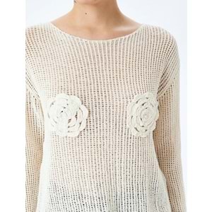 Ajurlu Aplike Çiçek Detaylı Uzun Kollu Triko Kazak 5SAL90003HT