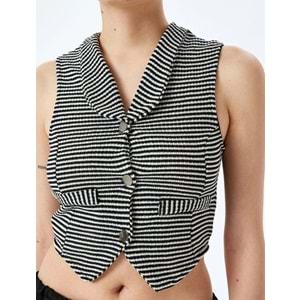 V Yaka Düğmeli Slim Fit Crop Triko Yelek 5SAL90013IK - KOTON - SİYAH ÇİZGİLİ - L