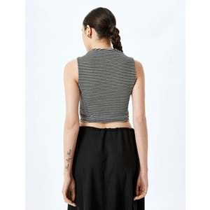 V Yaka Düğmeli Slim Fit Crop Triko Yelek 5SAL90013IK - KOTON - SİYAH ÇİZGİLİ - L