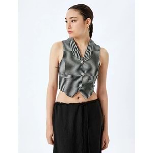 V Yaka Düğmeli Slim Fit Crop Triko Yelek 5SAL90013IK - KOTON - SİYAH ÇİZGİLİ - L